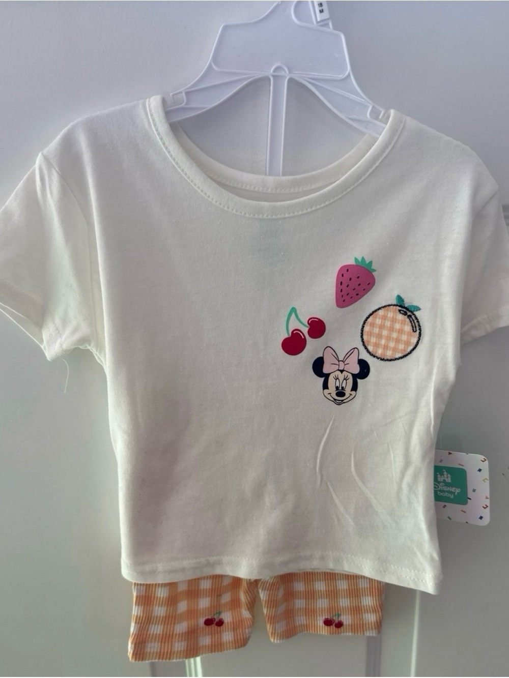 Disney White Tee and Orange Gingham Shorts Set with Minnie and Fruit